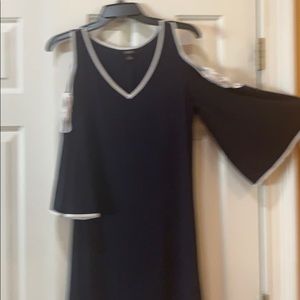 Navy & white MSK dress with flowing cold shoulder